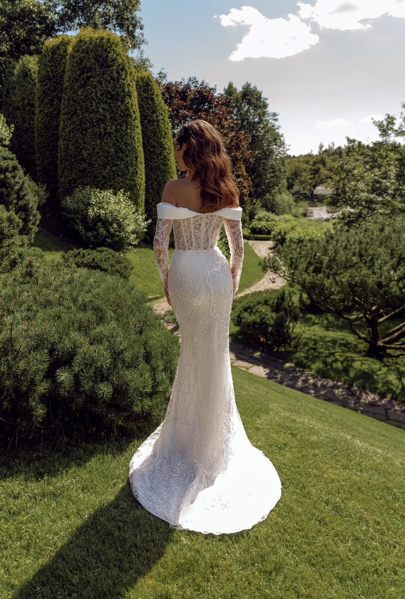 Off-Shoulder Long Sleeve Mermaid Wedding Gown with Removable Train