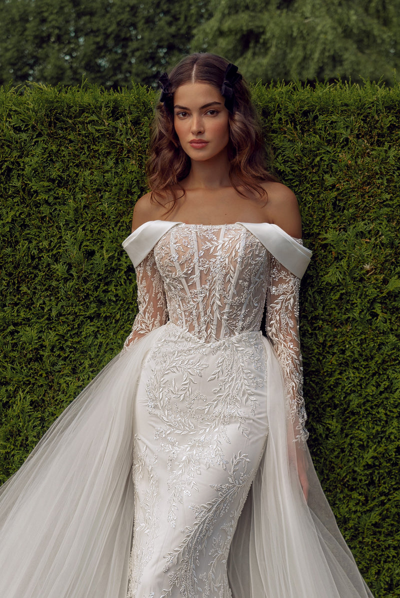 Off-Shoulder Long Sleeve Mermaid Wedding Gown with Removable Train