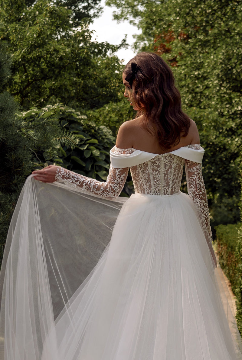 Off-Shoulder Long Sleeve Mermaid Wedding Gown with Removable Train