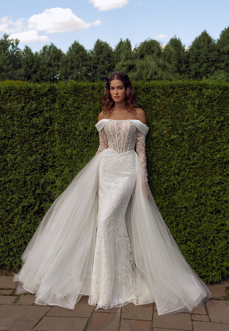 Off-Shoulder Long Sleeve Mermaid Wedding Gown with Removable Train