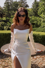 Minimalist Mermaid Wedding Dress with Daring High Slit and Removable Sleeves