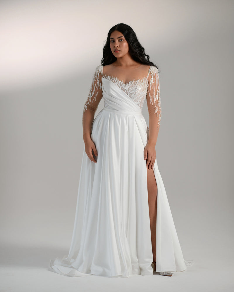 Long Sleeves A-Line Wedding Dress with Side Slit