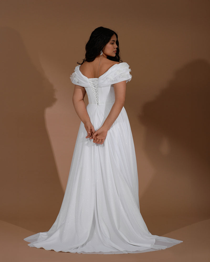 Off-the-shoulder A-Line Minimal Wedding Dress with Corset Back