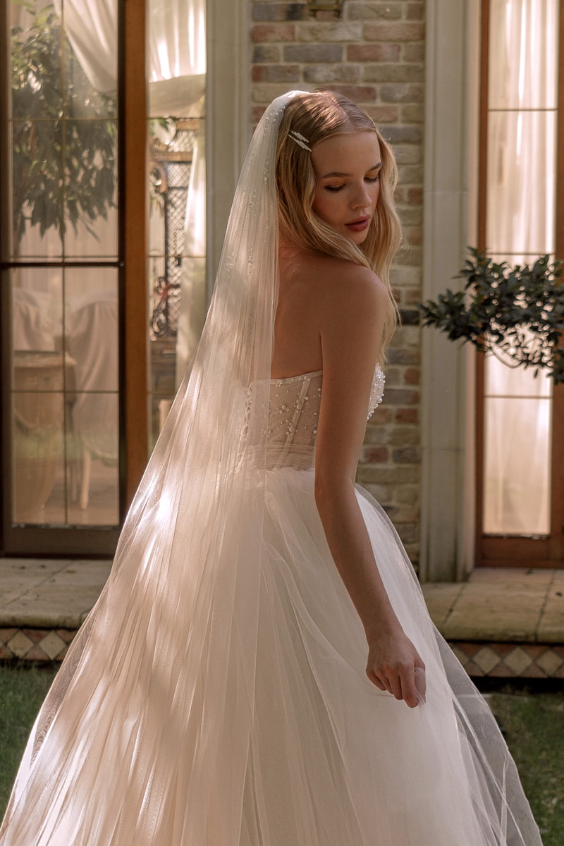 Pearly Top Strapless Princess Wedding Gown with Veil