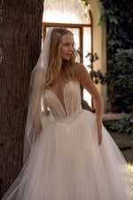 Pearly Top Strapless Princess Wedding Gown with Veil