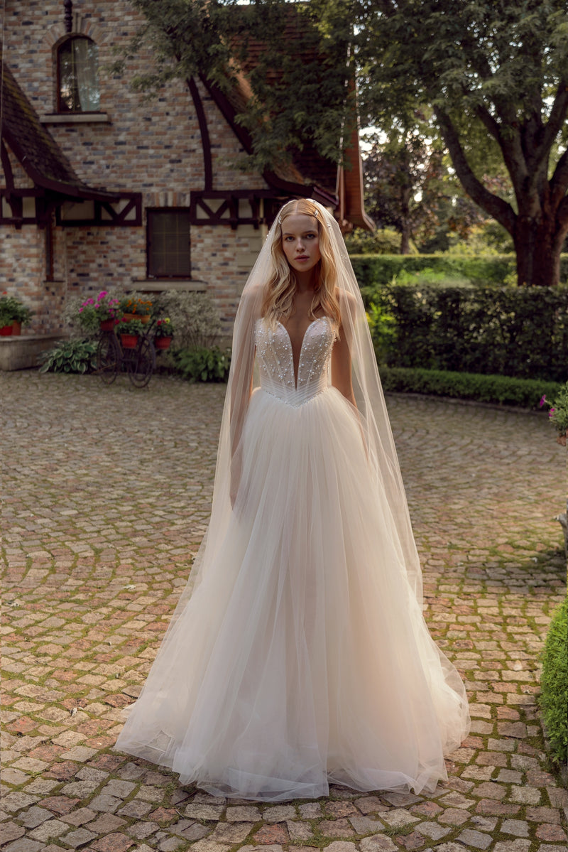 Pearly Top Strapless Princess Wedding Gown with Veil