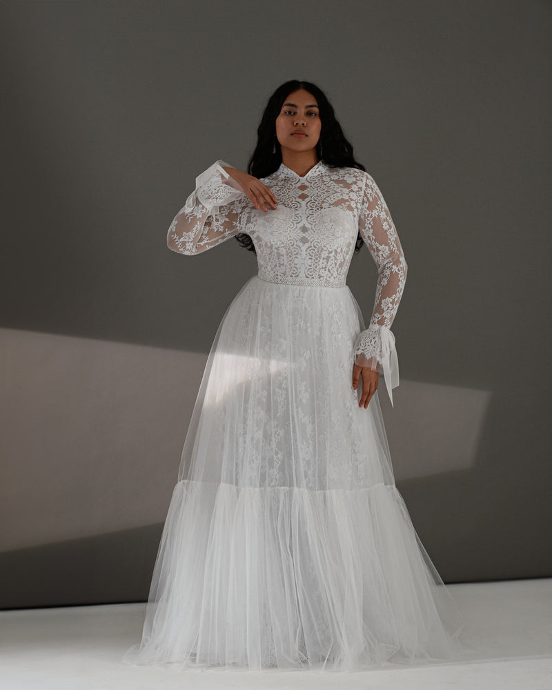 Long Sleeve High Neck A-Line Lace Boho Wedding Dress