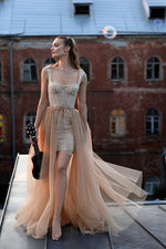 Exquisite Mini Evening Dress with Removable Tulle Train