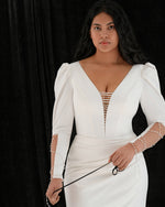 V-Neck Long Sleeve Sheath Button Back Wedding Dress