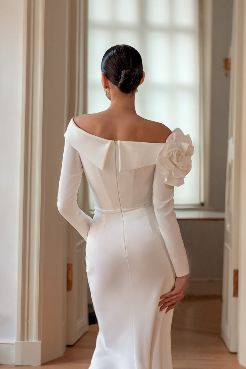 Off-the-Shoulder Minimalist Mermaid Wedding Dress with Shoulder Rose