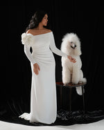 Exquisite Off-the-Shoulder Long Sleeve Sheath Minimal Wedding Dress with 3D Rose Shoulder Detail