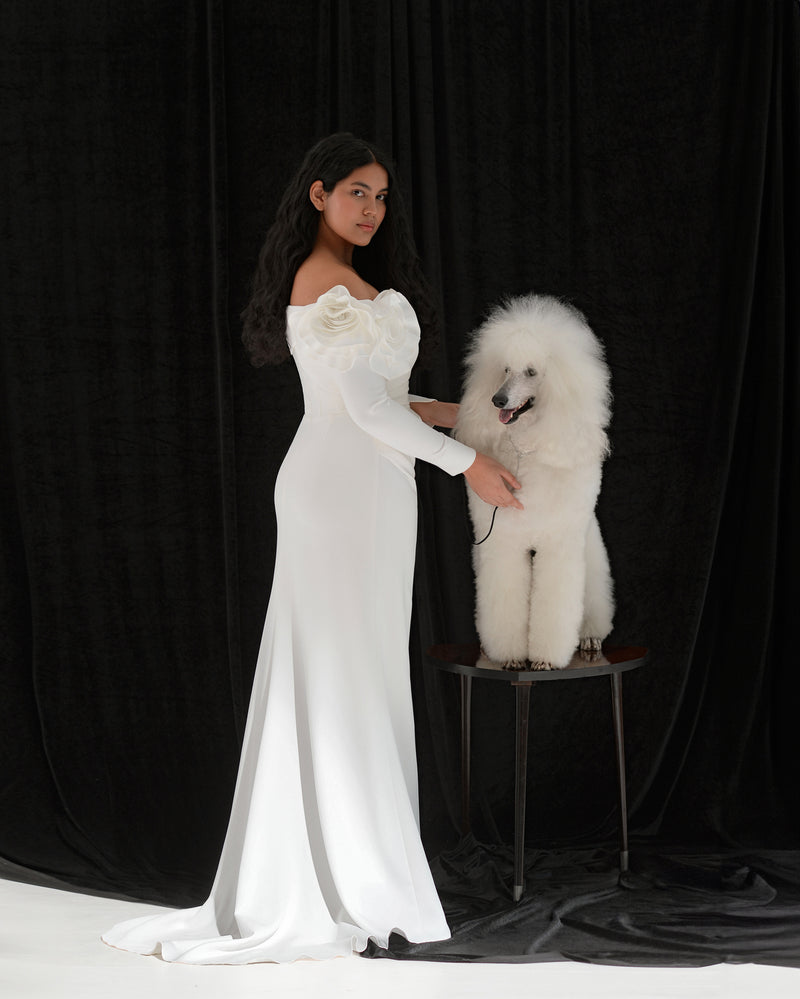 Exquisite Off-the-Shoulder Long Sleeve Sheath Minimal Wedding Dress with 3D Rose Shoulder Detail