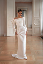 Off-the-Shoulder Minimalist Mermaid Wedding Dress with Shoulder Rose