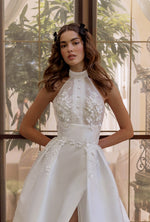 A-Line High Collar Wedding Dress with Slit and Back Neck Bow