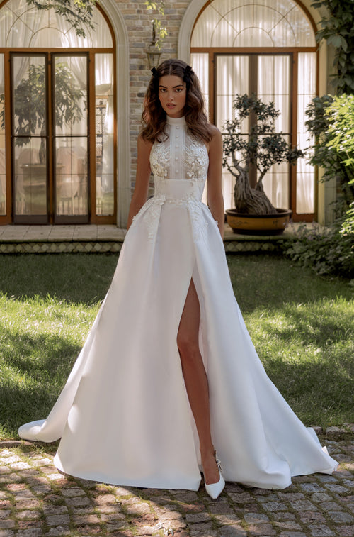 A-Line High Collar Wedding Dress with Slit and Back Neck Bow