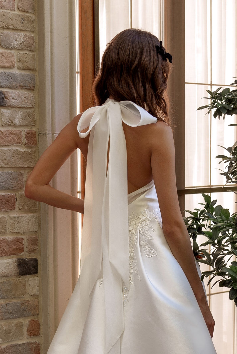 A-Line High Collar Wedding Dress with Slit and Back Neck Bow