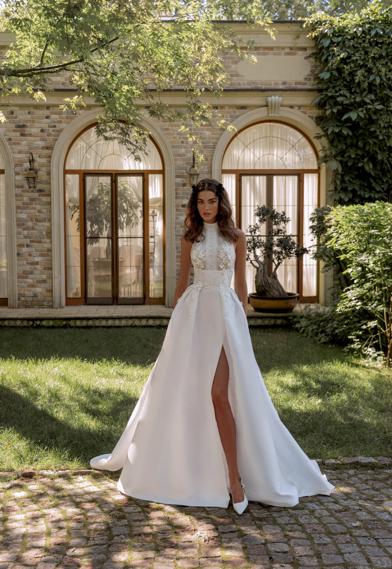 A-Line High Collar Wedding Dress with Slit and Back Neck Bow