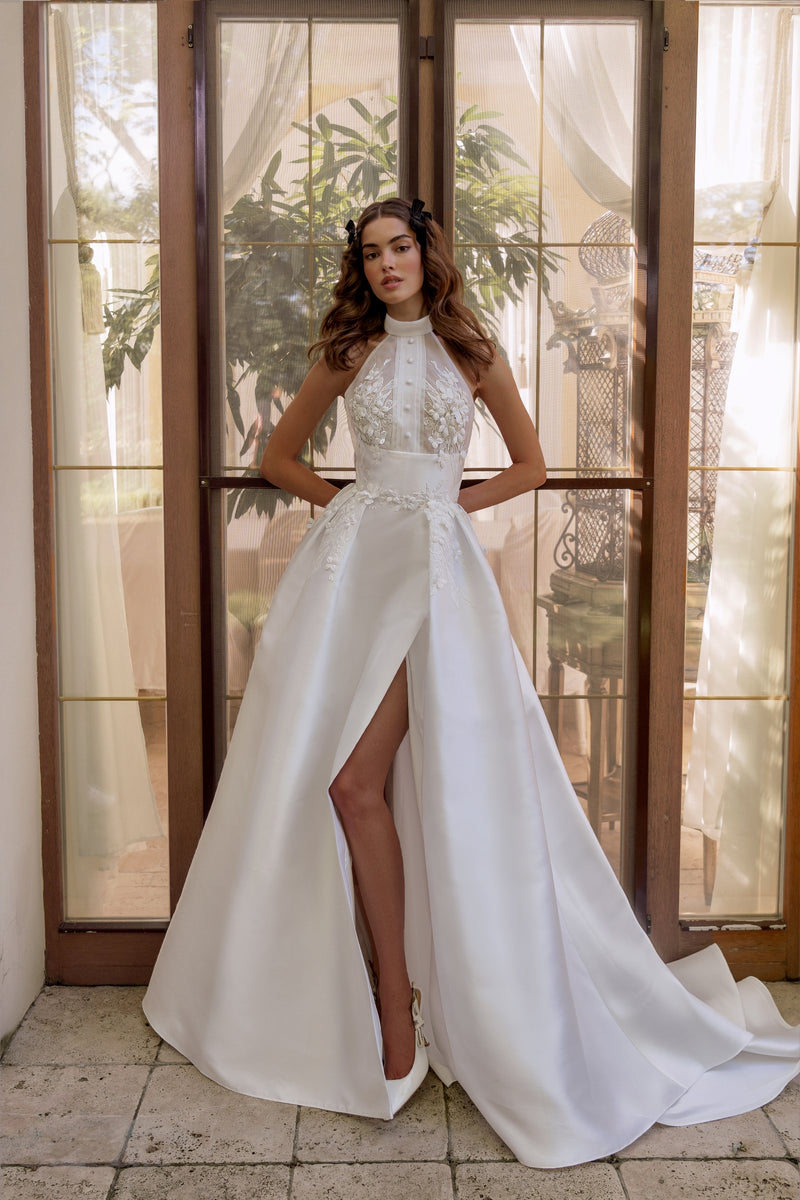 A-Line High Collar Wedding Dress with Slit and Back Neck Bow