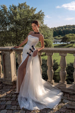 Sparkle Strapless Wedding Dress with Daring Slit and Ribbons