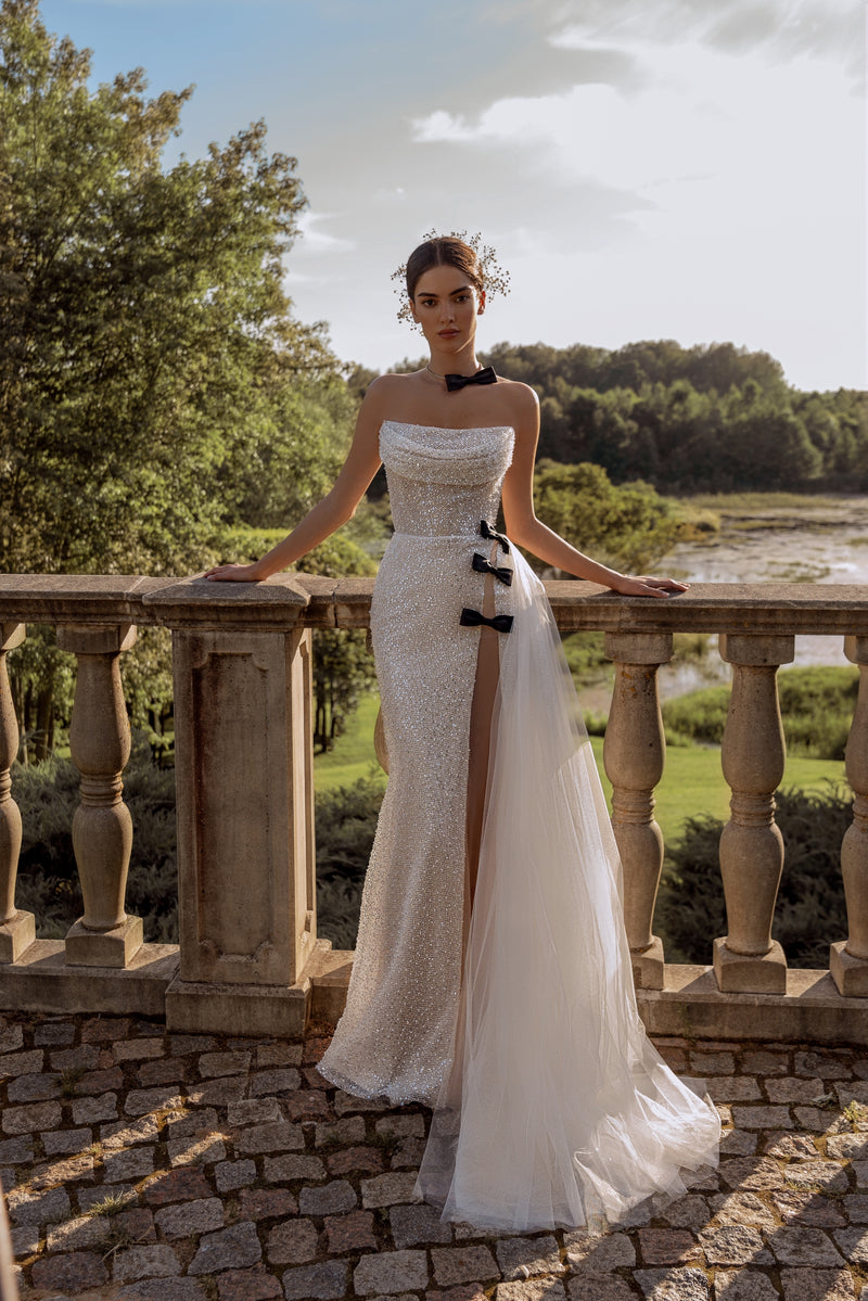 Sparkle Strapless Wedding Dress with Daring Slit and Ribbons