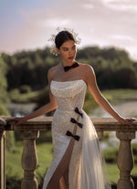 Sparkle Strapless Wedding Dress with Daring Slit and Ribbons