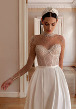 A-Line Sheer Long Sleeves Illusion Pearl Bodice Wedding Dress