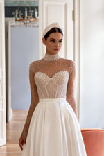 A-Line Sheer Long Sleeves Illusion Pearl Bodice Wedding Dress