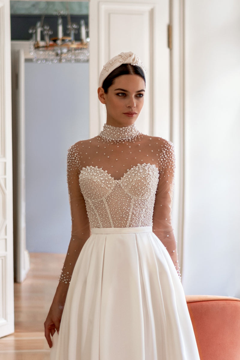 A-Line Sheer Long Sleeves Illusion Pearl Bodice Wedding Dress