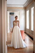 A-Line Sheer Long Sleeves Illusion Pearl Bodice Wedding Dress