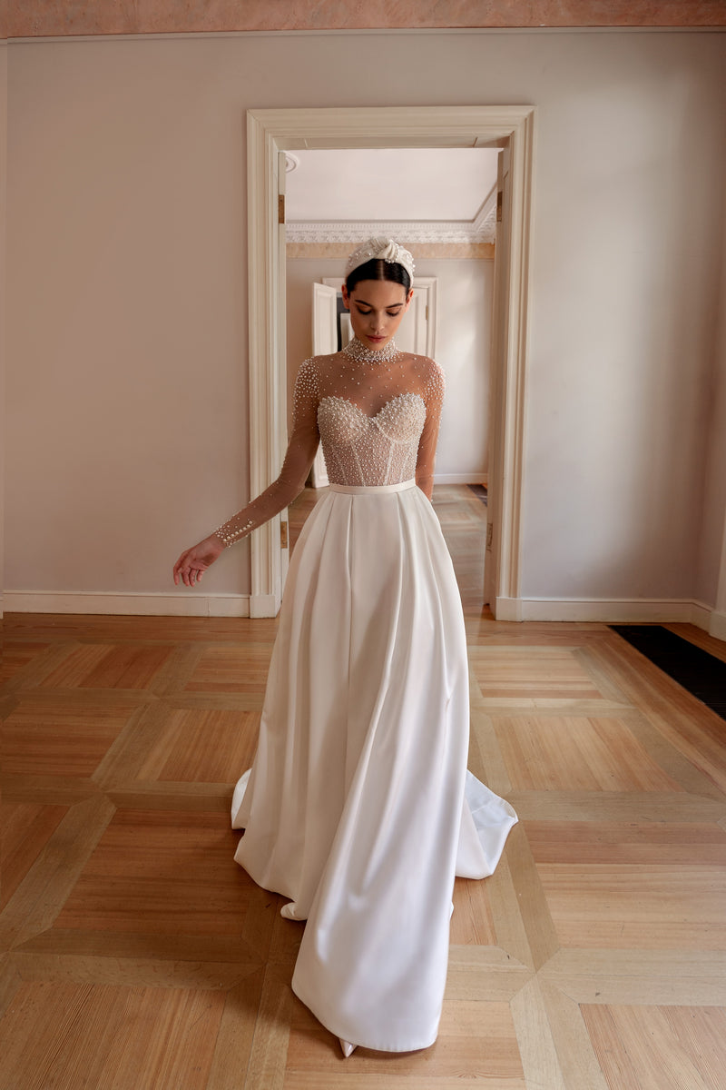 A-Line Sheer Long Sleeves Illusion Pearl Bodice Wedding Dress