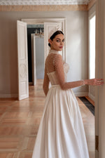 A-Line Sheer Long Sleeves Illusion Pearl Bodice Wedding Dress