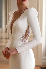 V-Neck Long Sleeve Sheath Wedding Dress with a Midi Train