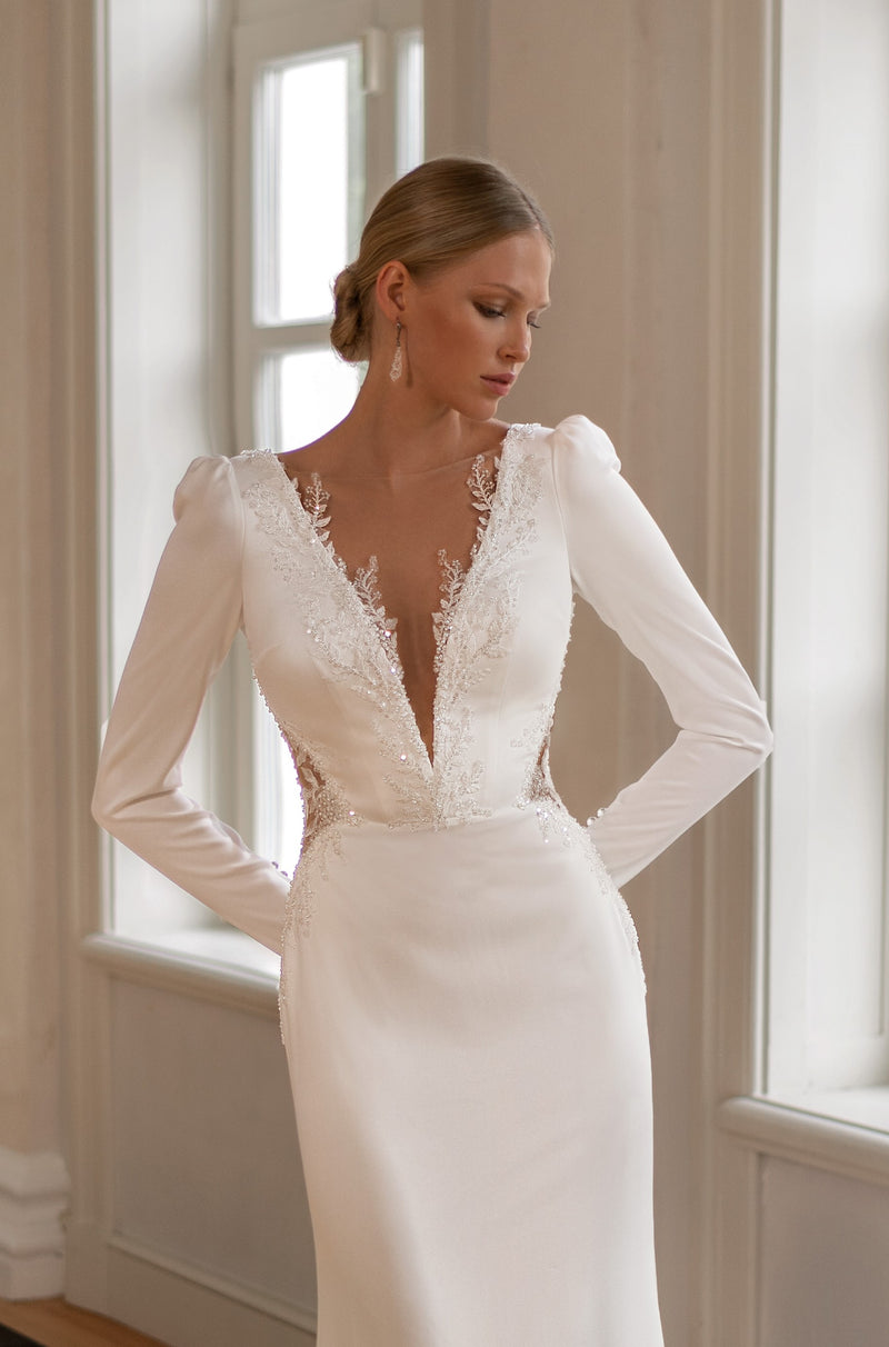 V-Neck Long Sleeve Sheath Wedding Dress with a Midi Train