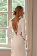 V-Neck Long Sleeve Sheath Wedding Dress with a Midi Train