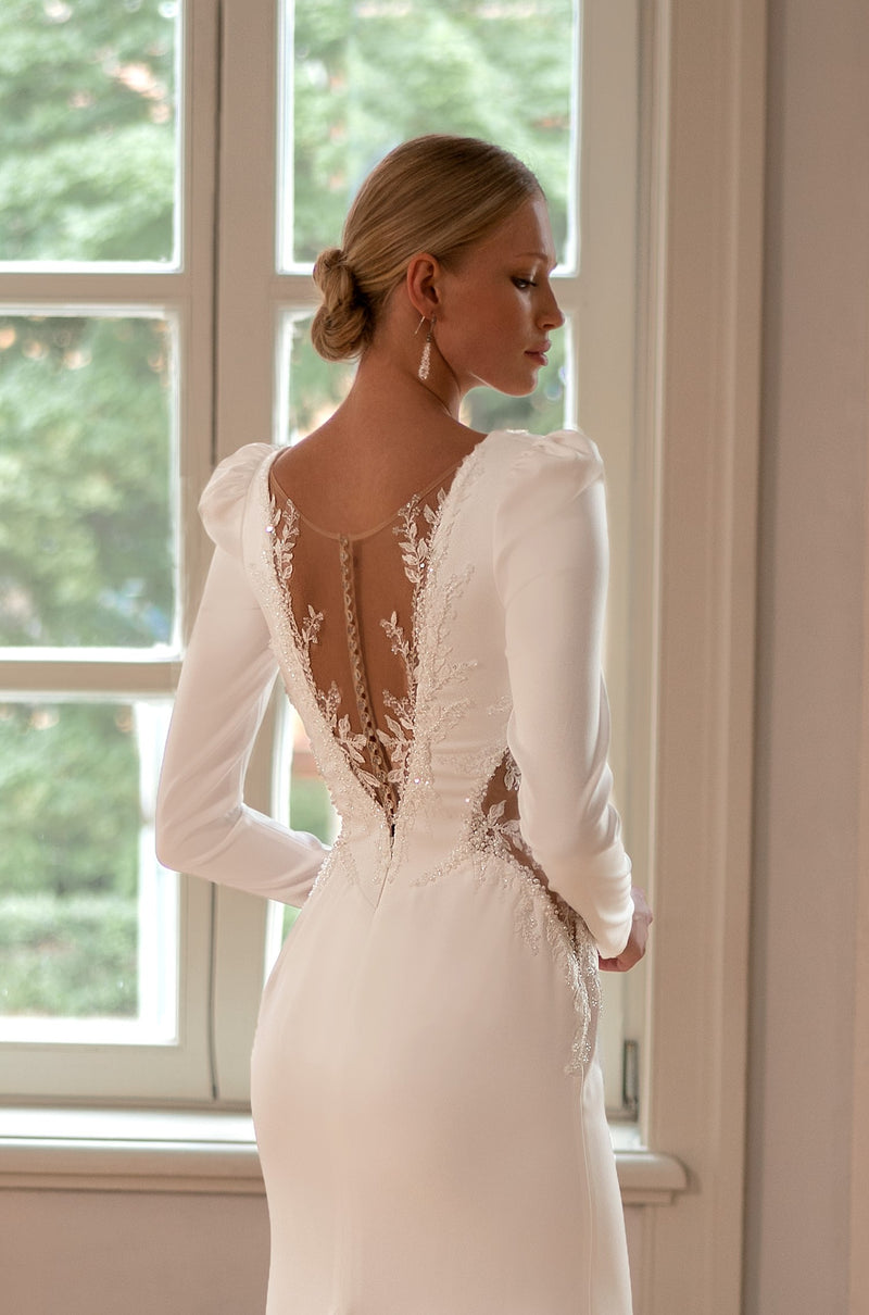 V-Neck Long Sleeve Sheath Wedding Dress with a Midi Train