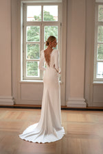 V-Neck Long Sleeve Sheath Wedding Dress with a Midi Train