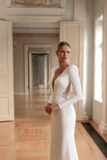 V-Neck Long Sleeve Sheath Wedding Dress with a Midi Train