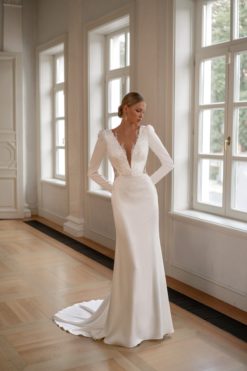 V-Neck Long Sleeve Sheath Wedding Dress with a Midi Train