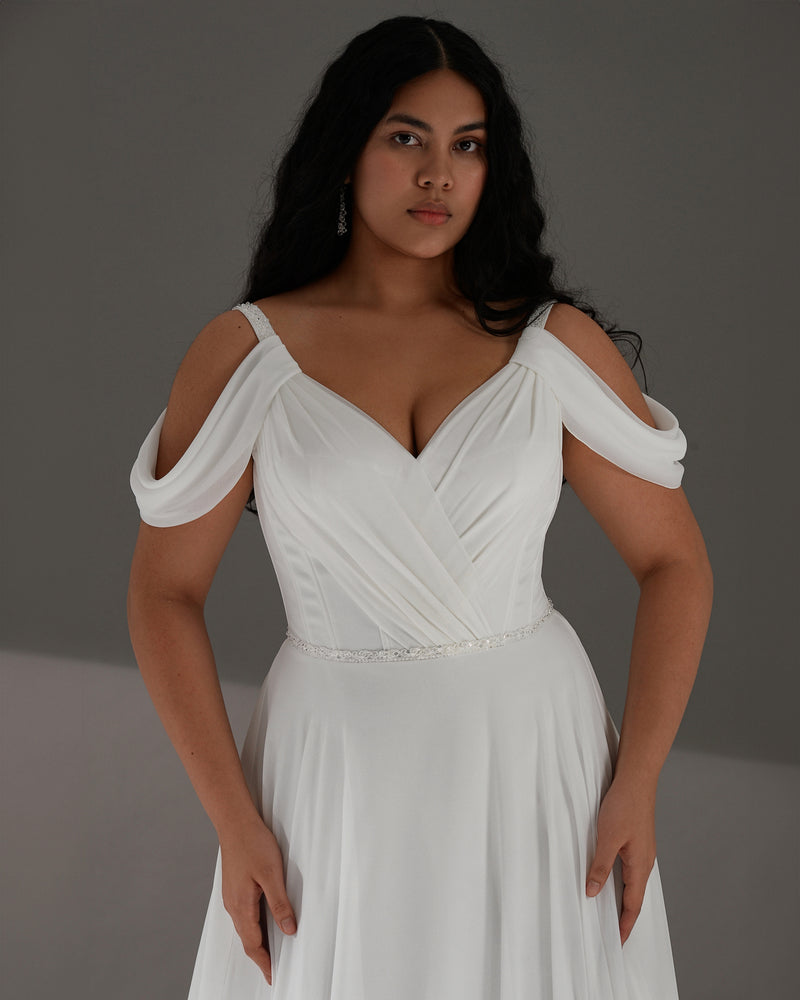 Off-the-Shoulder A-Line Minimalist Wedding Dress with Corset Back