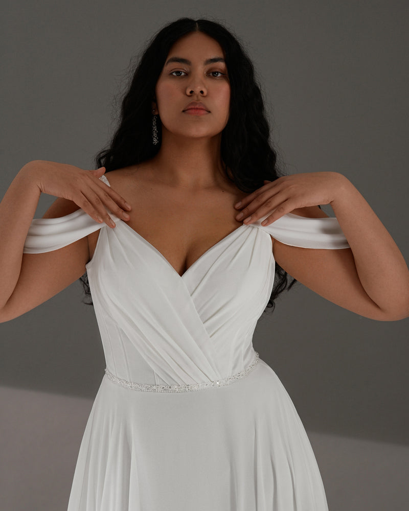 Off-the-Shoulder A-Line Minimalist Wedding Dress with Corset Back