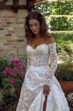 Off-Shoulder Long Sleeve Lace Wedding Dress with Veil