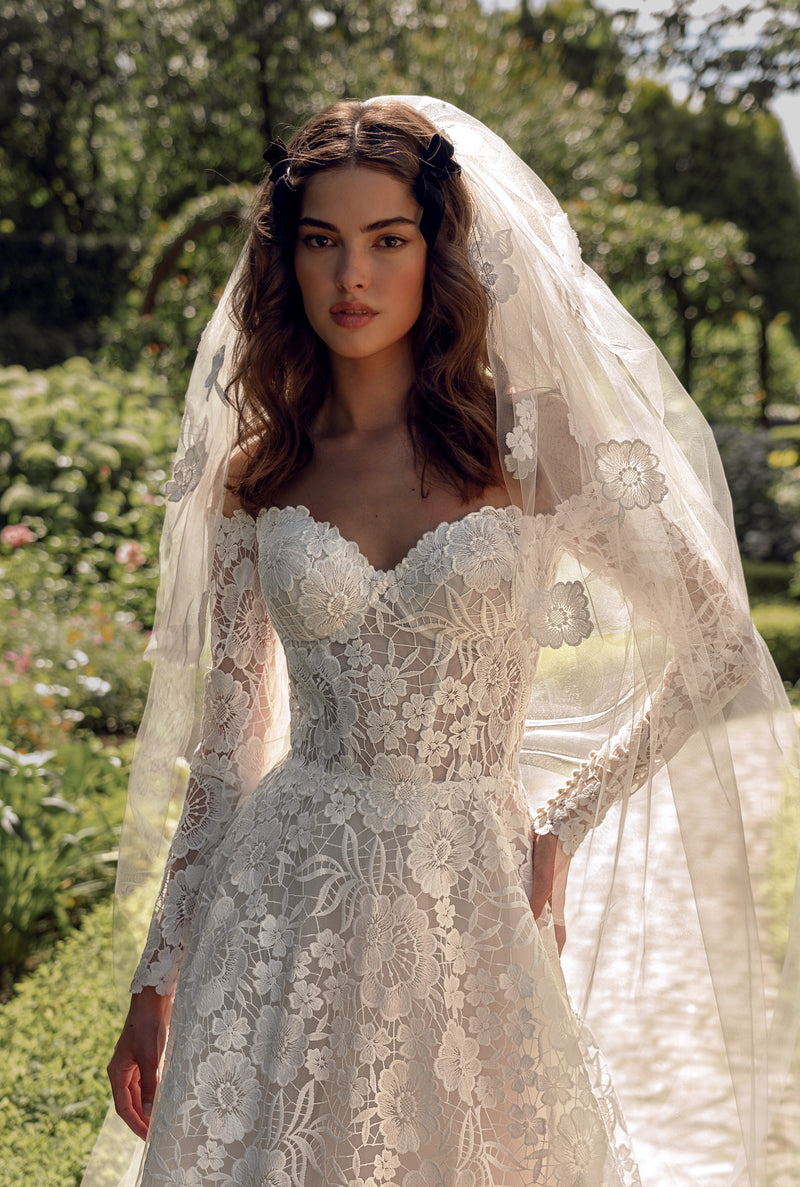 Off-Shoulder Long Sleeve Lace Wedding Dress with Veil