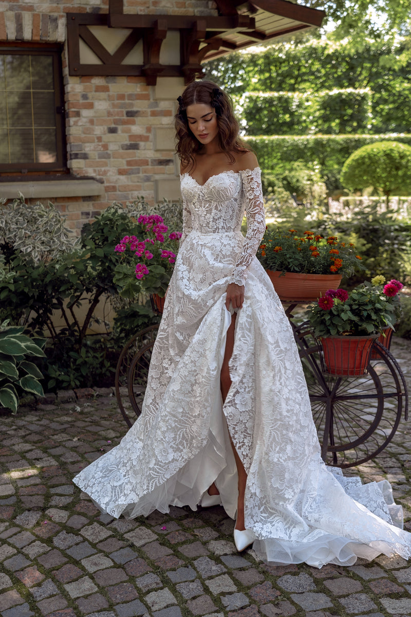 Off-Shoulder Long Sleeve Lace Wedding Dress with Veil