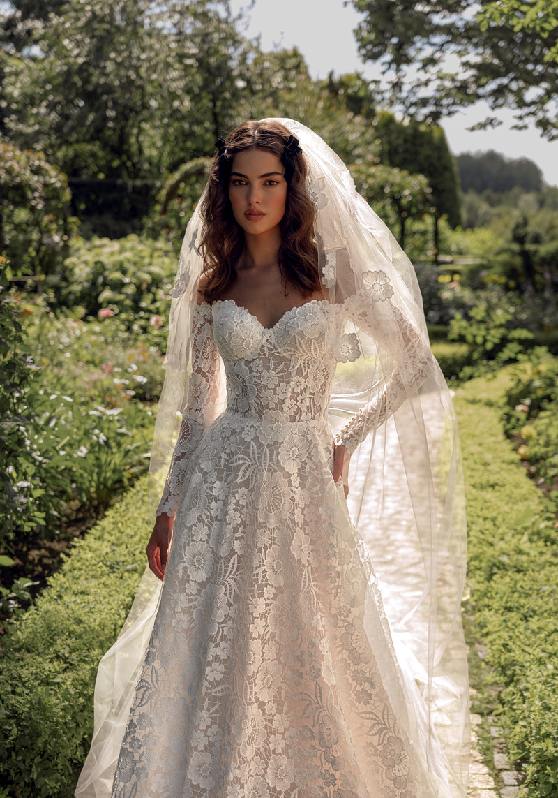 Off-Shoulder Long Sleeve Lace Wedding Dress with Veil