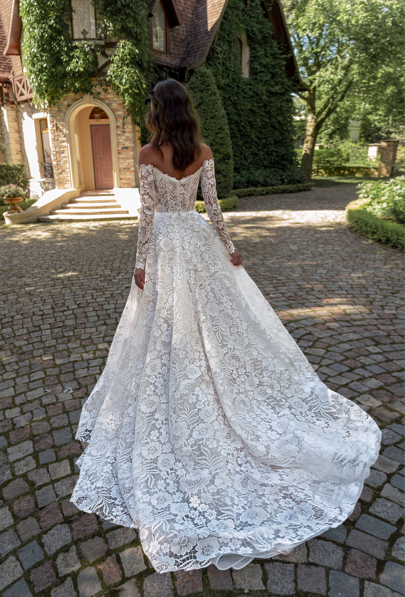 Off-Shoulder Long Sleeve Lace Wedding Dress with Veil