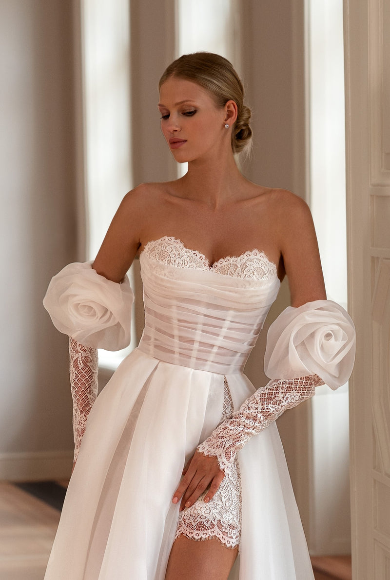 Sweetheart A-Line Wedding Dress with Daring Slit and Removable Rose Sleeves