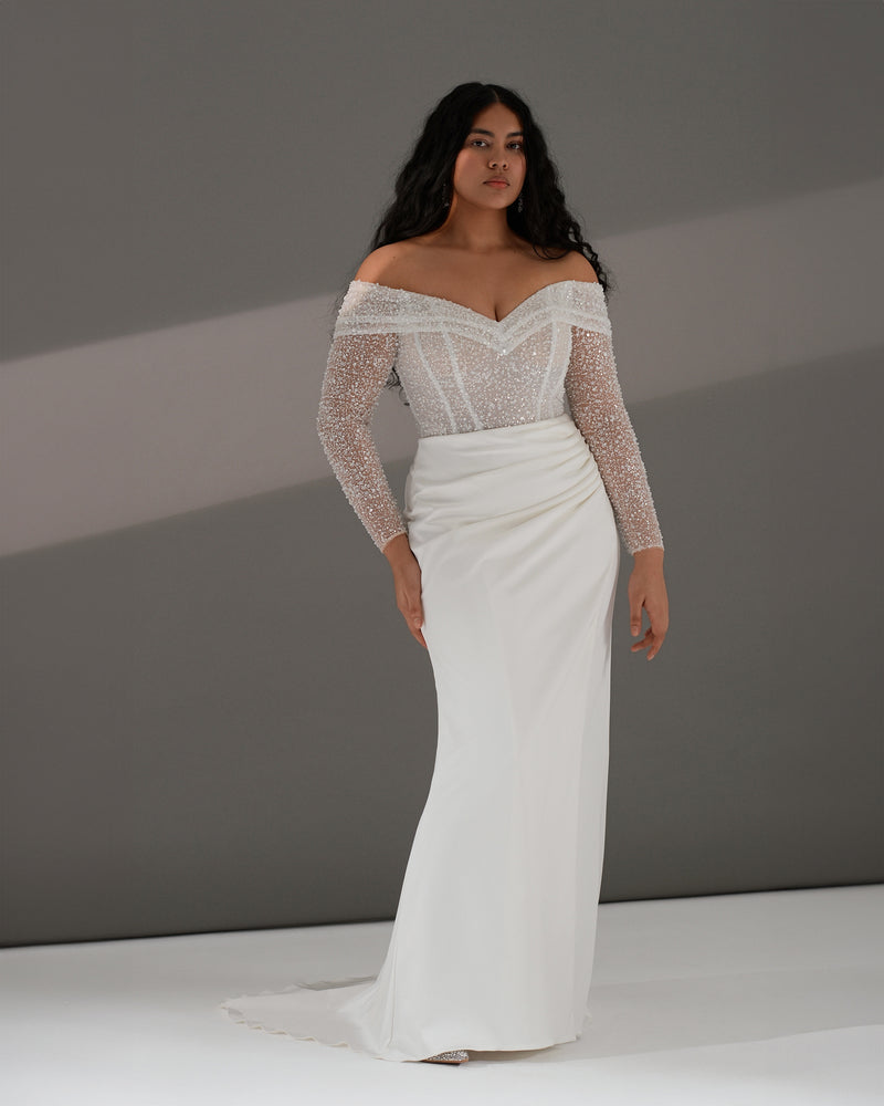 Off-The-Shoulder Glitter Sheath Wedding Dress