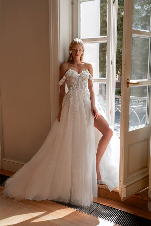 A-Line Wedding Gown in Lightweight Tulle with 3D Flowers