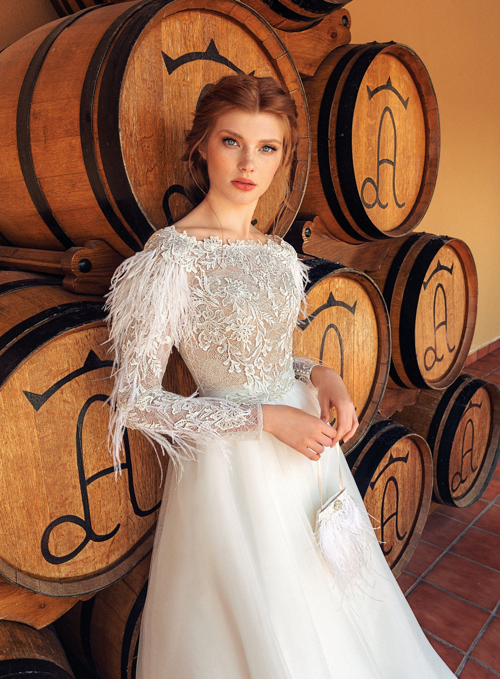 Elegant Long Sleeve Feather-Trimmed Modest Wedding Dress – HAREM's Brides