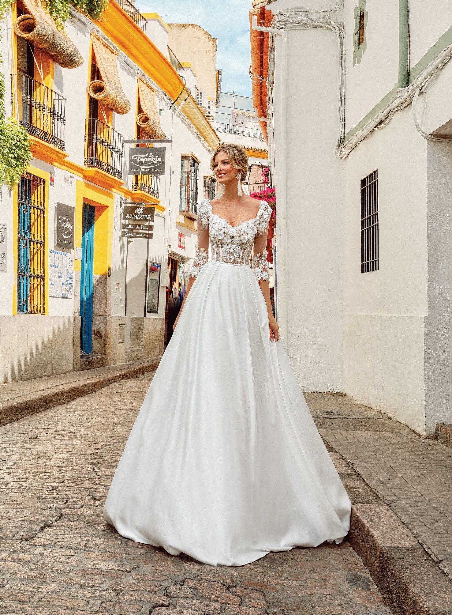 3/4 Length Sleeve A-Line Wedding Dress with 3D Flowers – HAREM's Brides